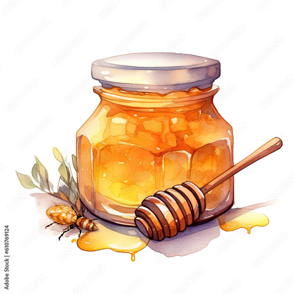 Watercolor honey jar with spoon. Illustration AI Generative.