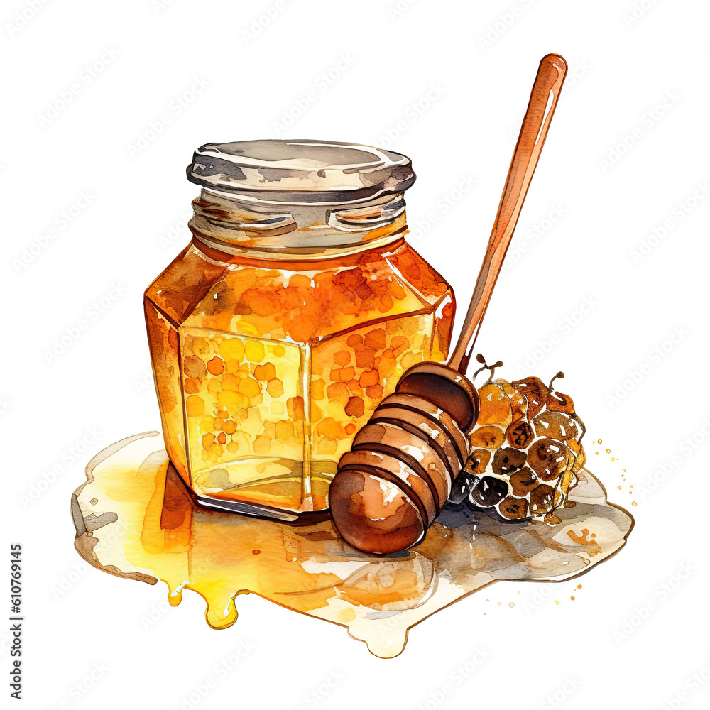 Watercolor honey jar with spoon. Illustration AI Generative.