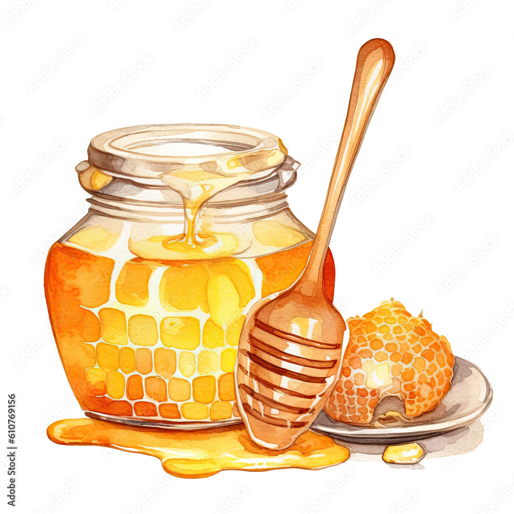 Watercolor honey jar with spoon. Illustration AI Generative.