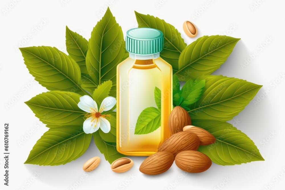 bottle of almond oil surrounded by a variety of leaves and nuts. Generative AI