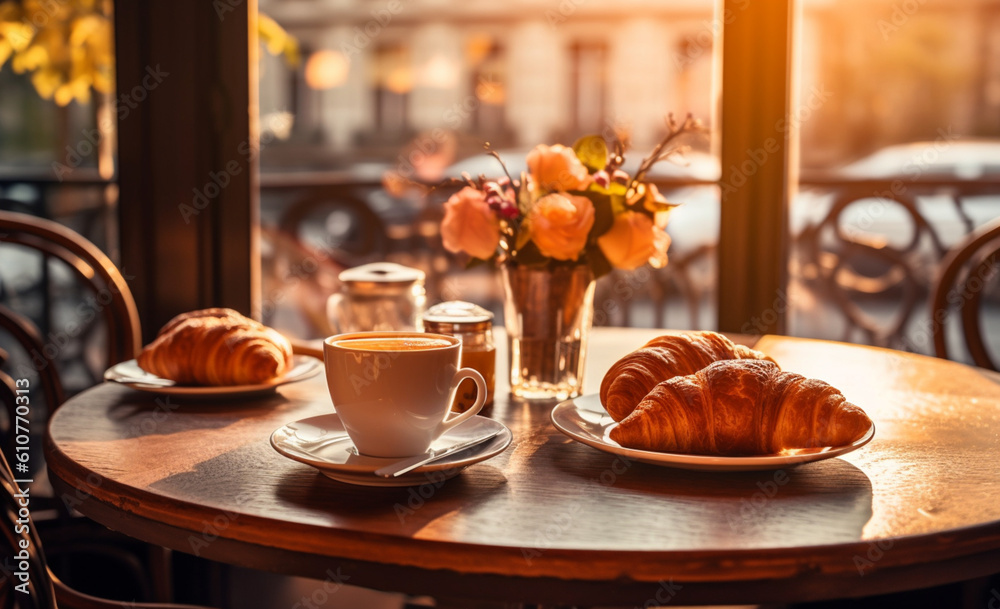 Baristas Delight: Inviting bar table with coffee and croissants, perfect for restaurant menus. Soft