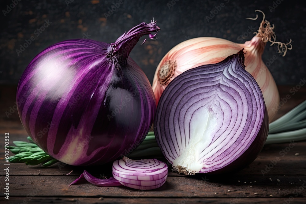 rustic still life with onions on a wooden table. Generative AI