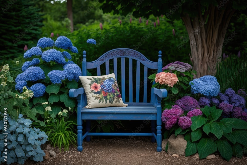 serene garden with a blue bench and colorful flowers. Generative AI