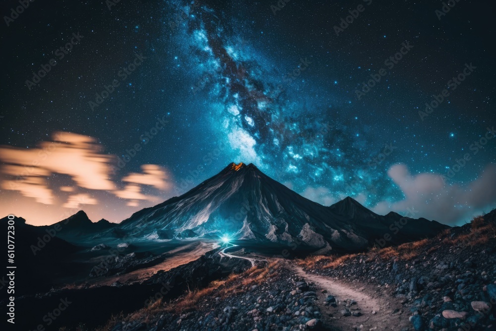 mountain trail under a starry night sky. Generative AI