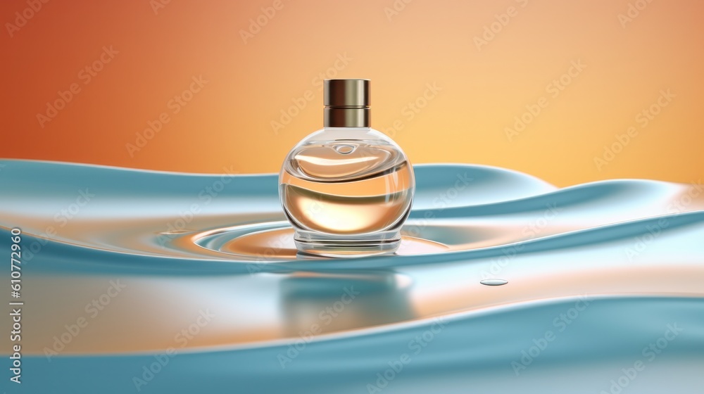 Cosmetic bottle displayed on the wavy ripple water background. Illustration AI Generative.