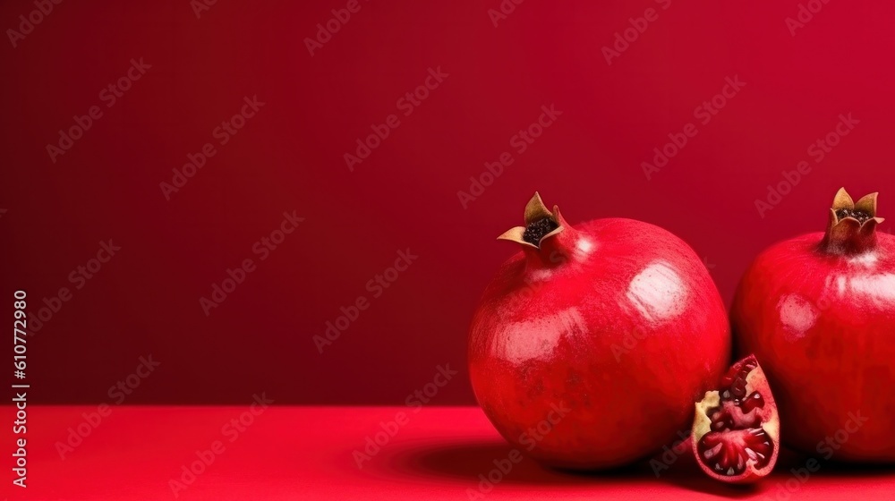 Pomegranate fruit on red background. Illustration AI Generative.