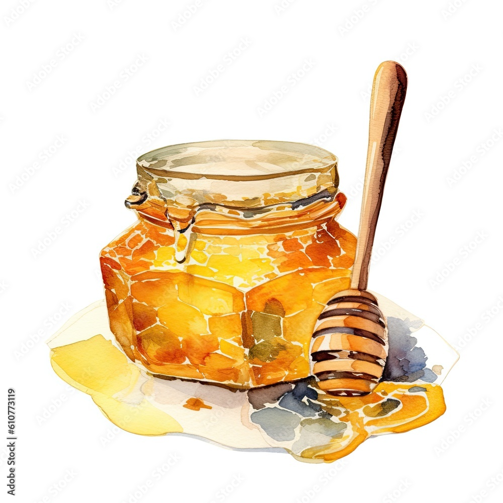 Watercolor honey jar with spoon. Illustration AI Generative.