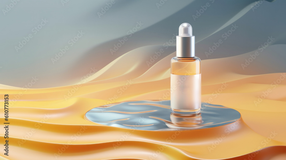 Cosmetic bottle displayed on the wavy ripple water background. Illustration AI Generative.