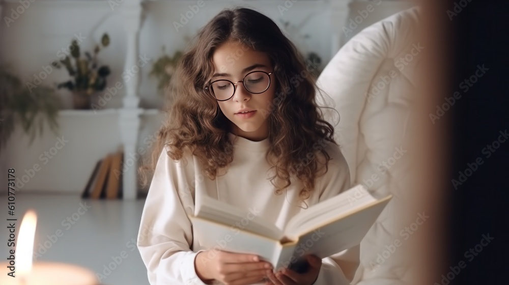 Young girl reads book. Illustration AI Generative.