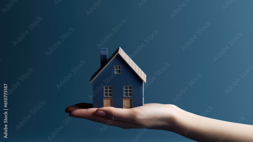 Hand holding little house. Illustration AI Generative.