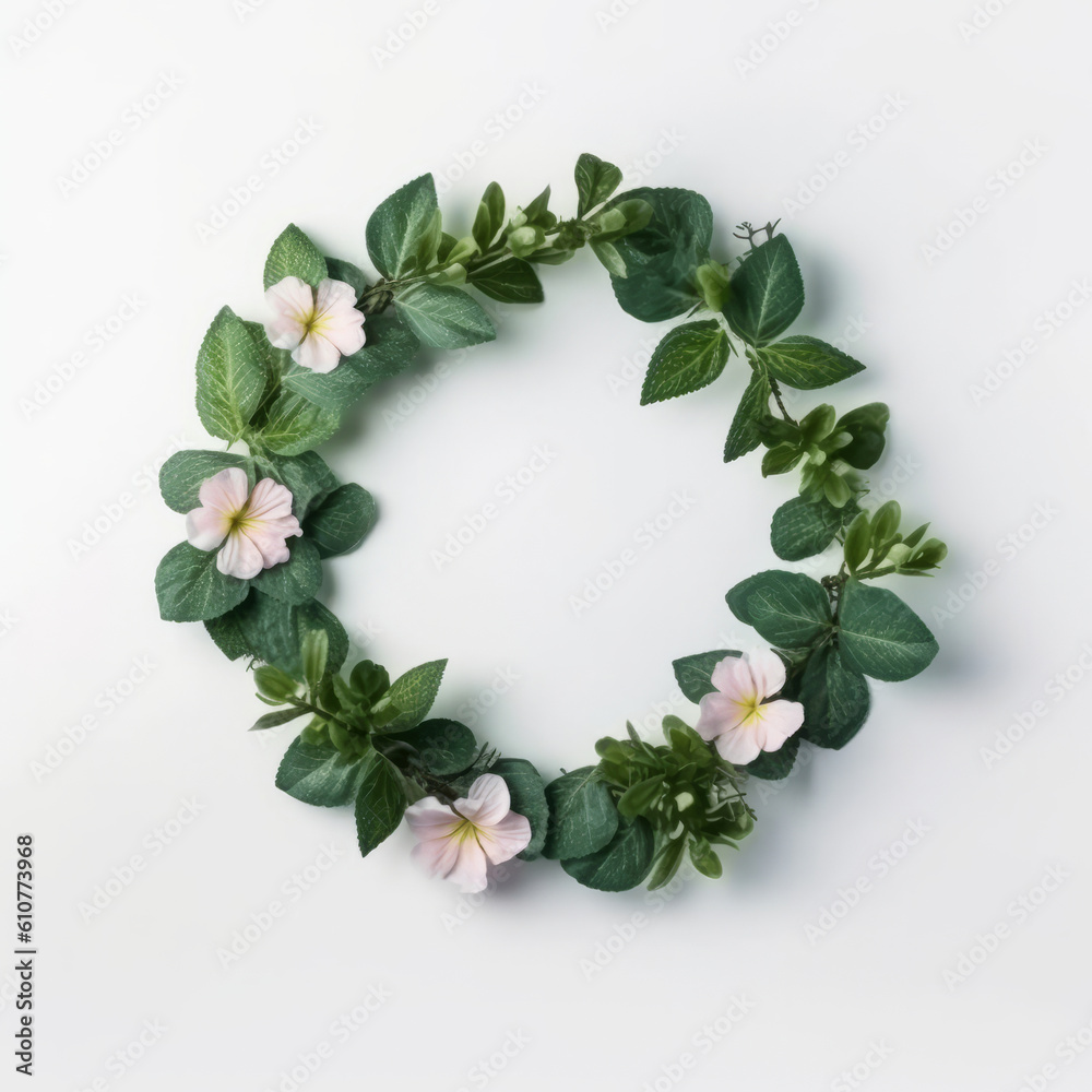 Green natural wreath on white. Illustration AI Generative.