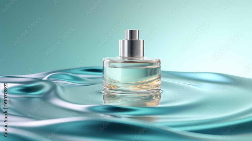 Cosmetic bottle displayed on the wavy ripple water background. Illustration AI Generative.