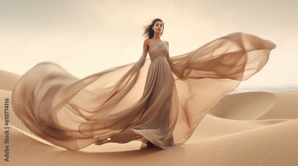 Fashion model in desert sand. Illustration AI Generative.