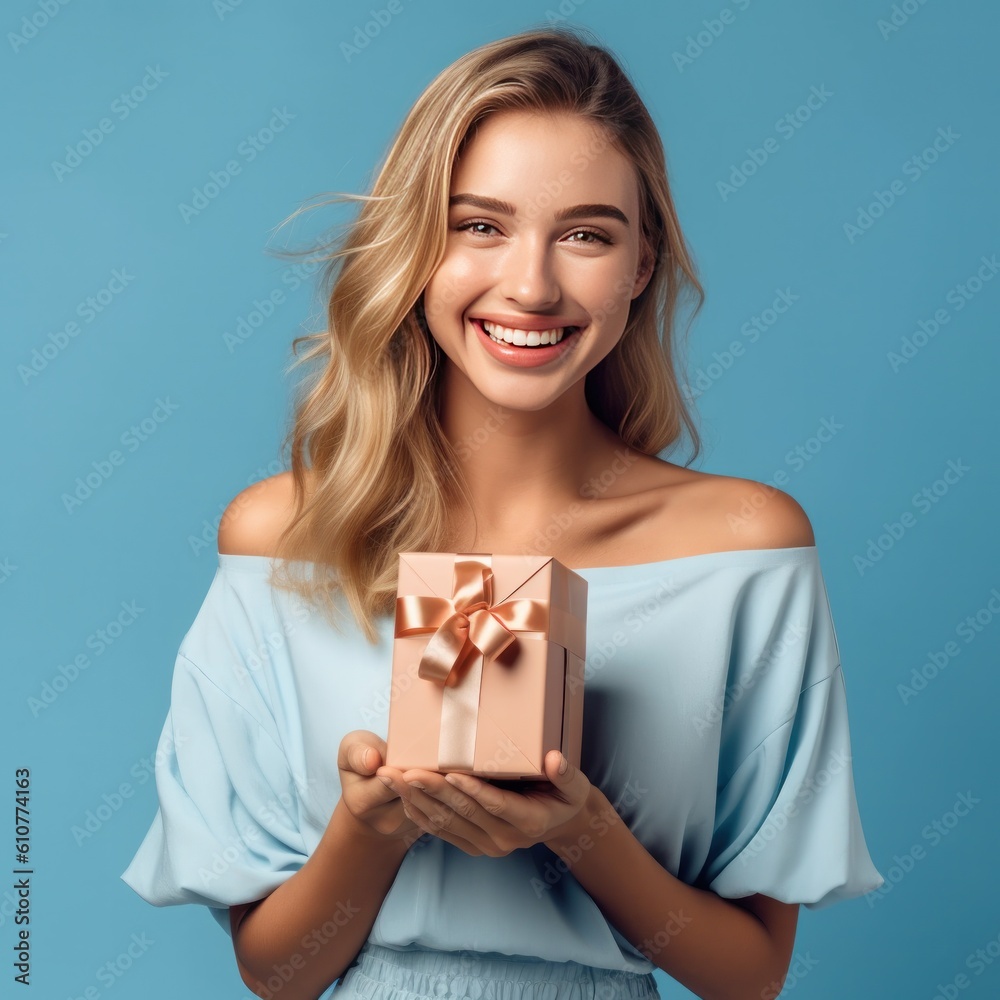 Beautiful girl with gift box. Illustration AI Generative.