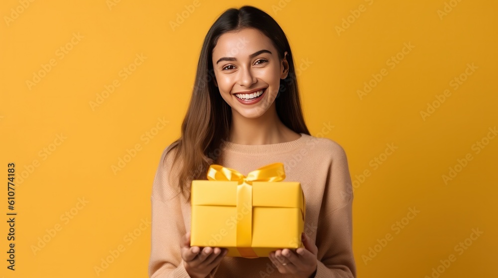 Beautiful girl with gift box. Illustration AI Generative.