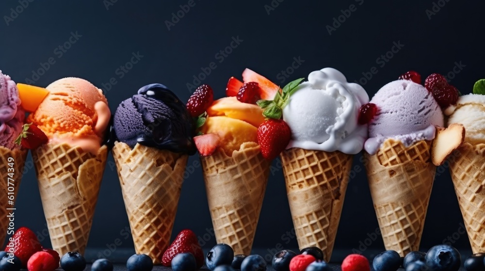 Various of ice cream. Illustration AI Generative.