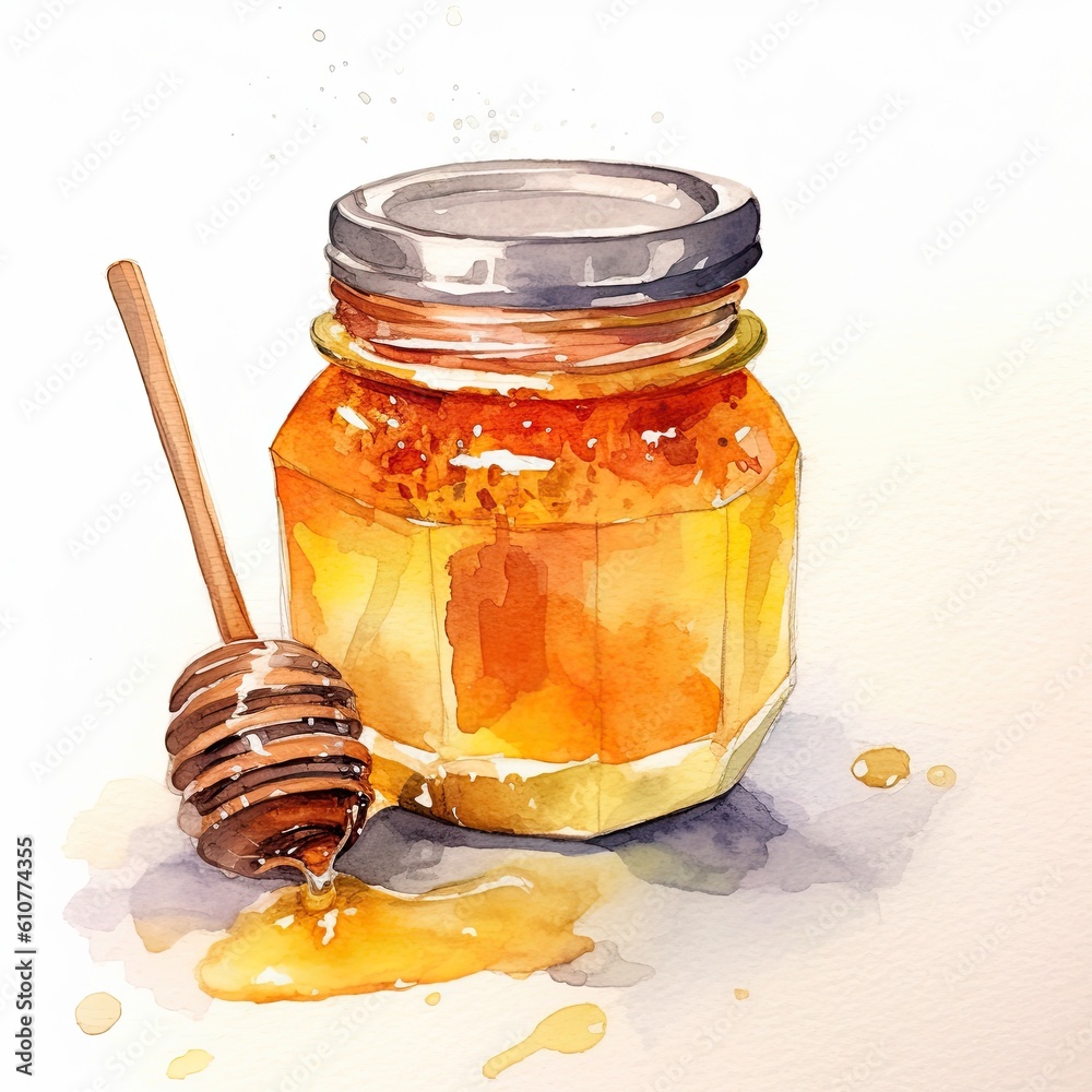 Watercolor honey jar with spoon. Illustration AI Generative.