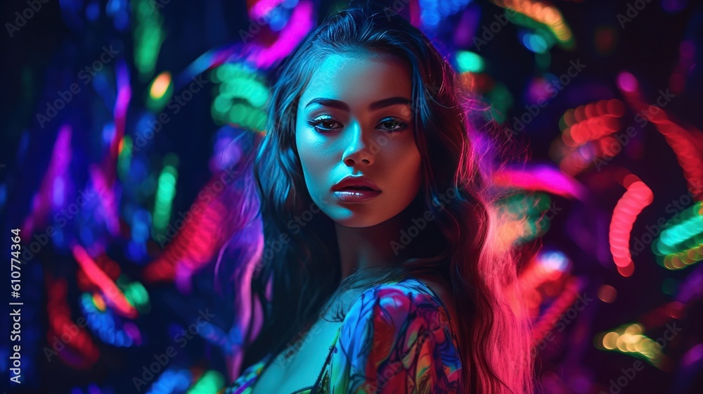 Neon girl in night club. Illustration AI Generative.