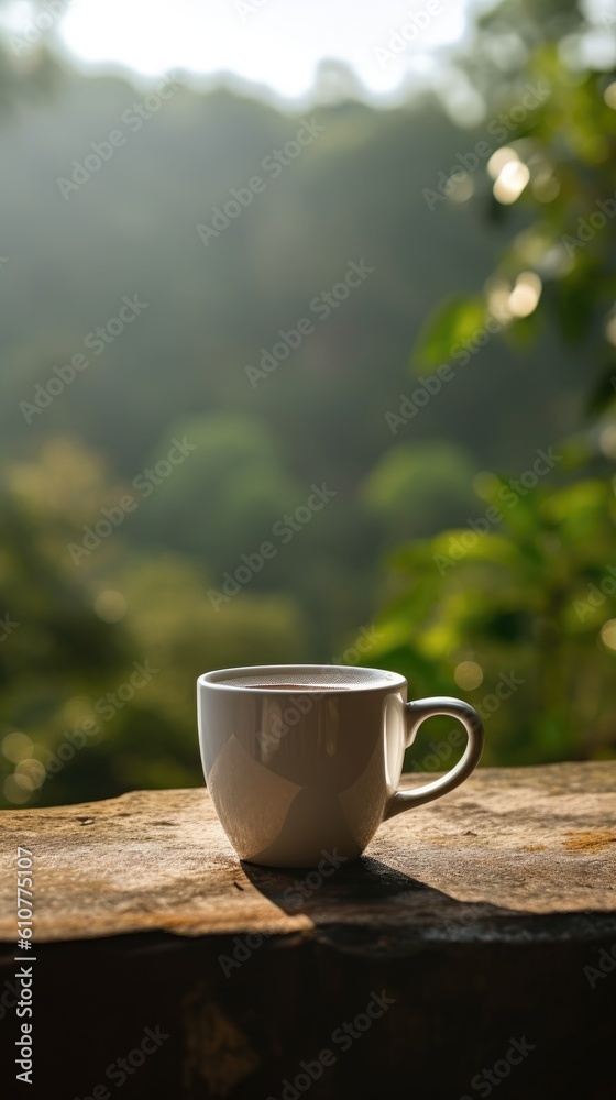 Cup of coffee on natural background. Illustration AI Generative.