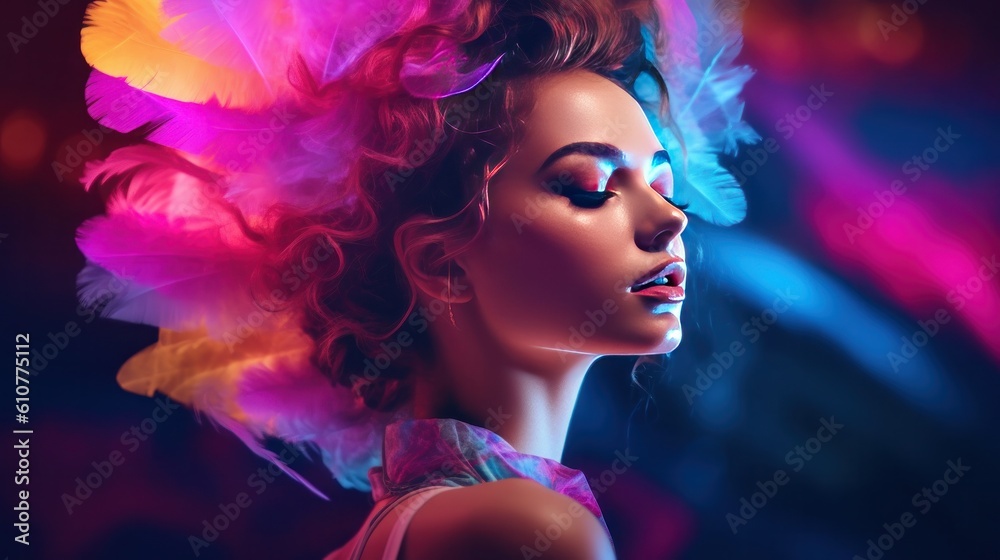 Neon night club girl. Illustration AI Generative.