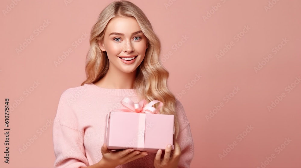 Beautiful girl with gift box. Illustration AI Generative.