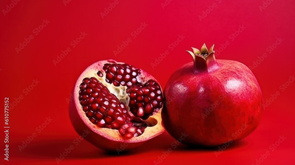 Pomegranate fruit on red background. Illustration AI Generative.