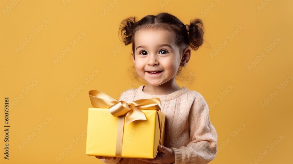 Beautiful girl with gift box. Illustration AI Generative.