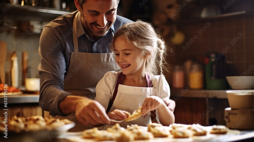 Happy father and daughter baking in a kitchen Illustration AI Generative.