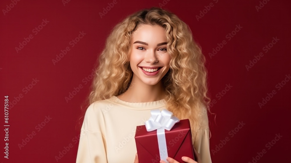 Beautiful girl with gift box. Illustration AI Generative.