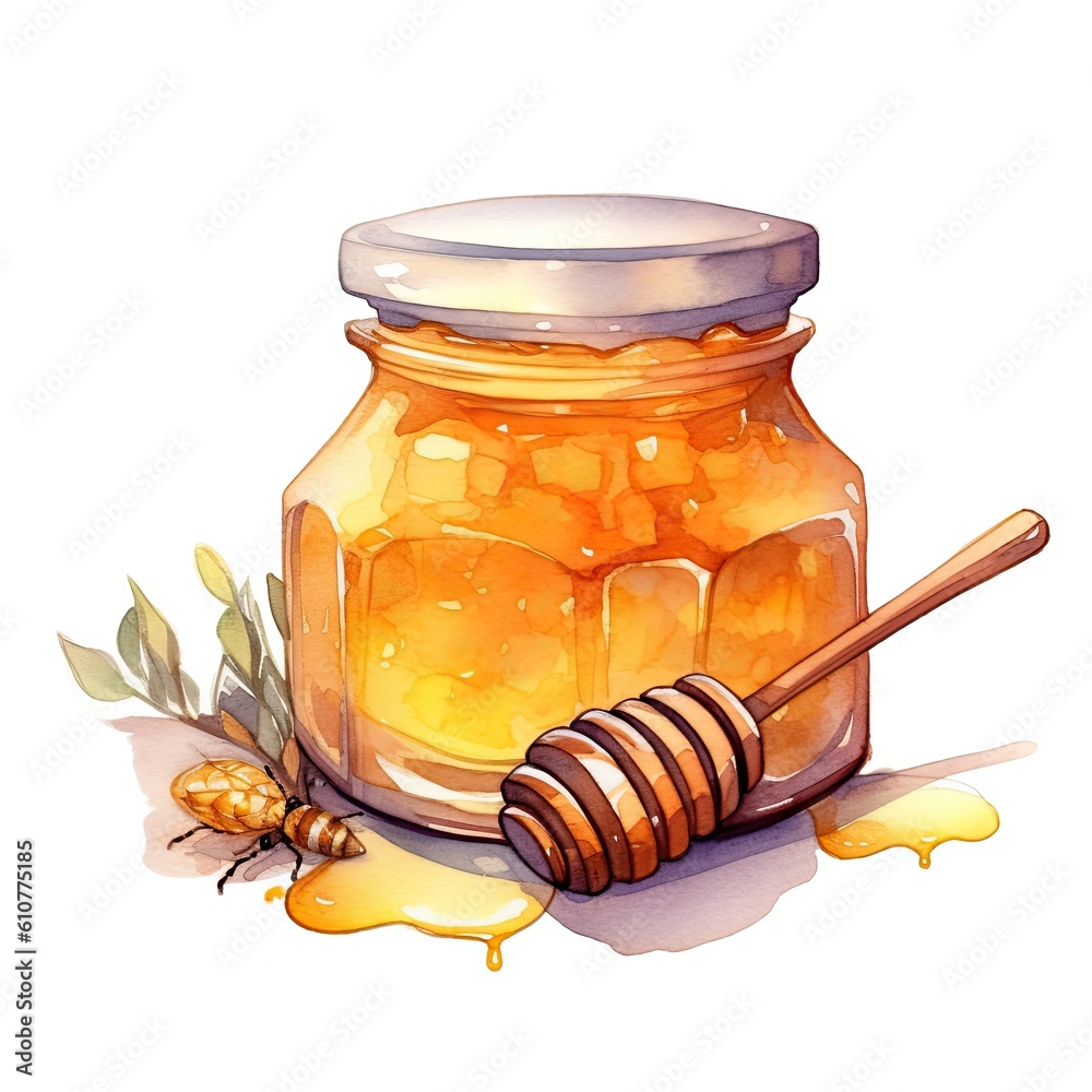 Watercolor honey jar with spoon. Illustration AI Generative.