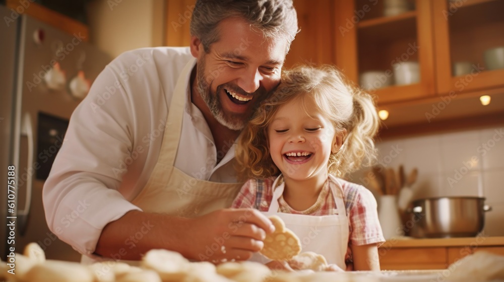 Happy father and daughter baking in a kitchen Illustration AI Generative.