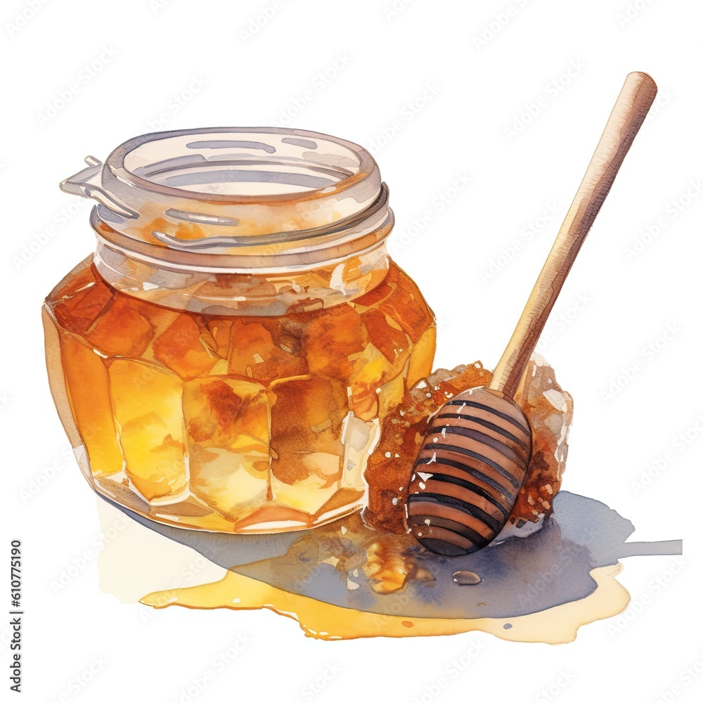 Watercolor honey jar with spoon. Illustration AI Generative.