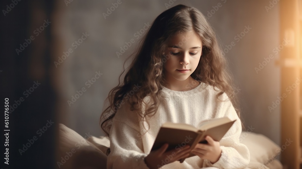 Young girl reads book. Illustration AI Generative.