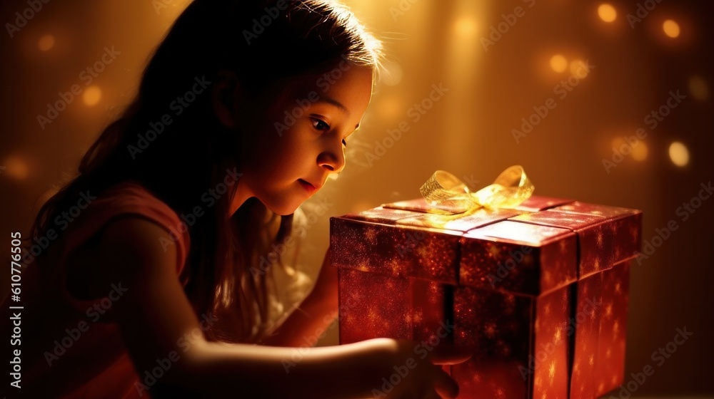 Girl with Christmas magic box. Illustration AI Generative.