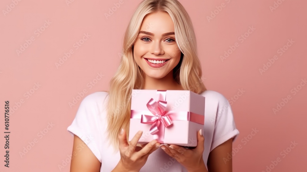 Beautiful girl with gift box. Illustration AI Generative.