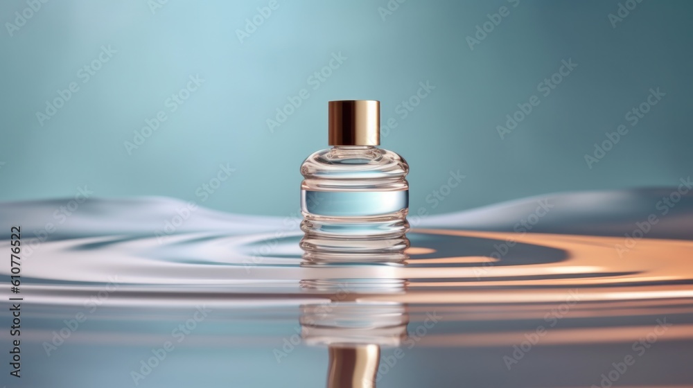 Cosmetic bottle displayed on the wavy ripple water background. Illustration AI Generative.