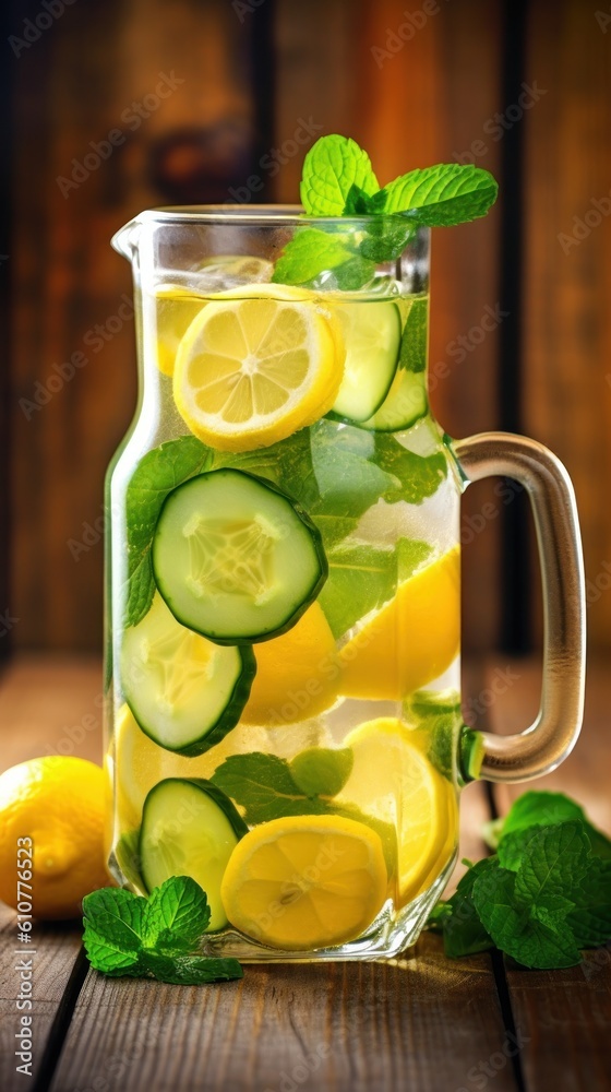 Fresh lemonade with cucumber. Illustration AI Generative.