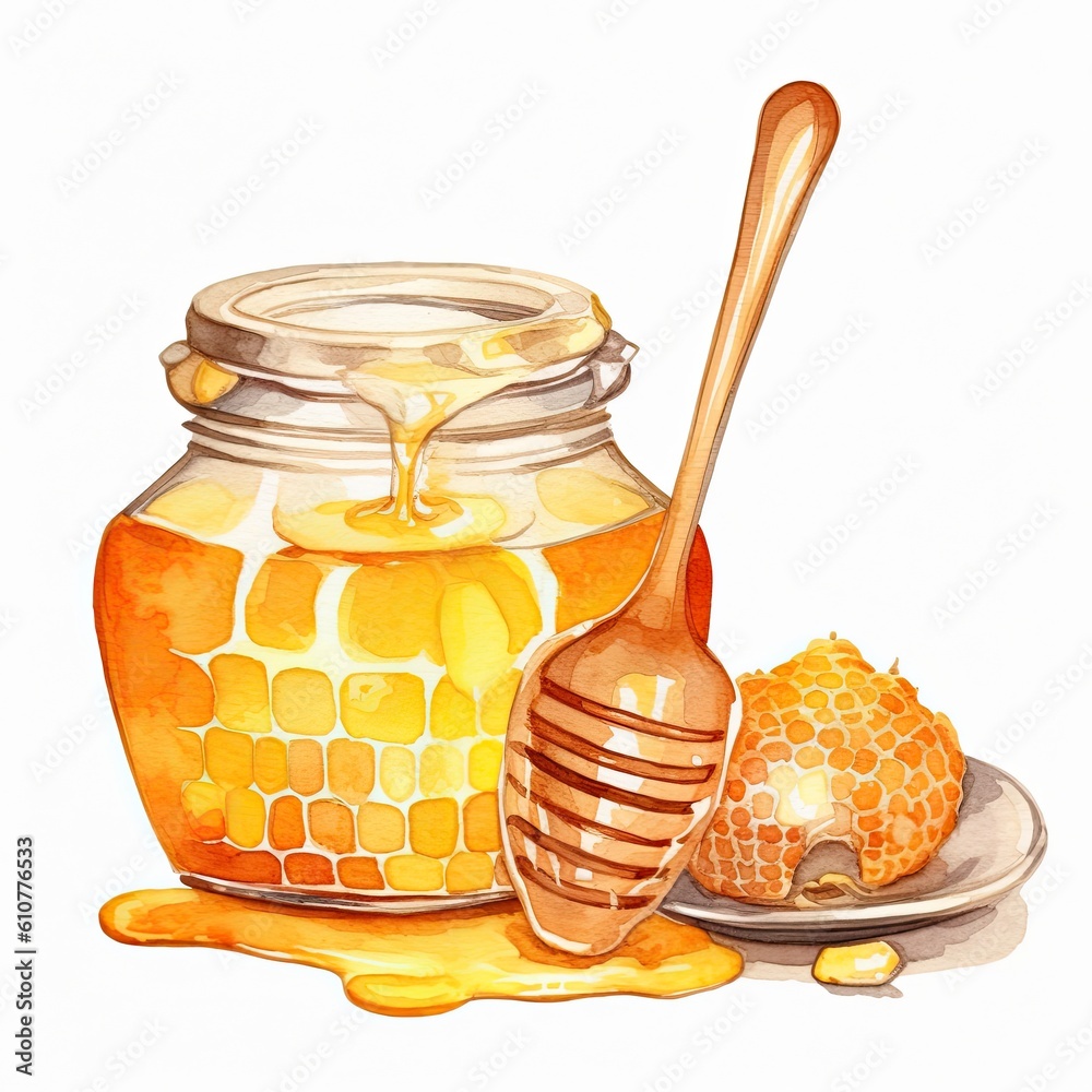 Watercolor honey jar with spoon. Illustration AI Generative.