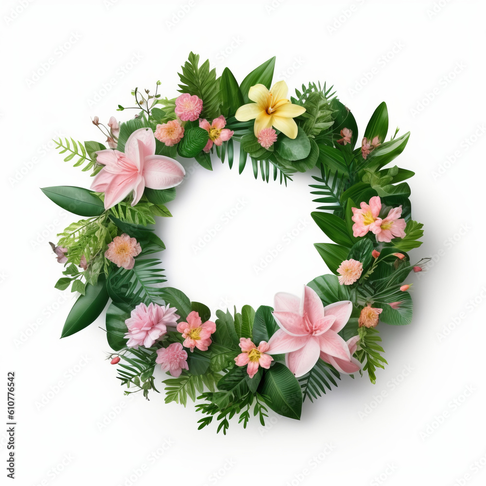 Green natural wreath on white. Illustration AI Generative.