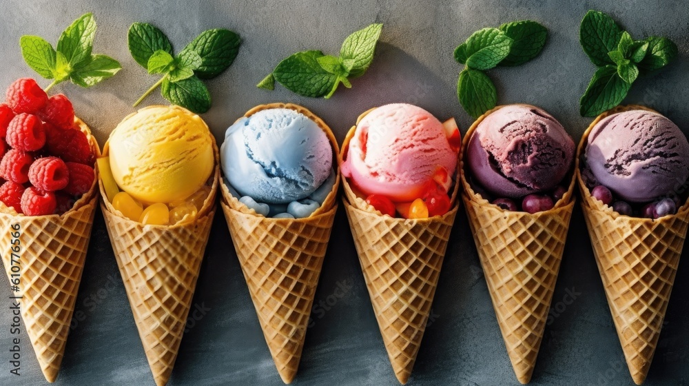 Various of ice cream. Illustration AI Generative.