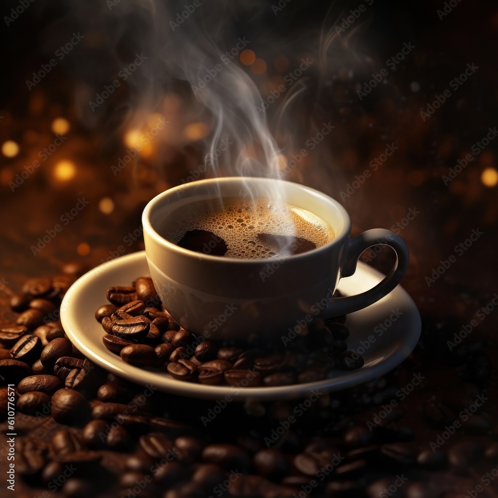 Coffee cup with smoke on dark background. Illustration AI Generative