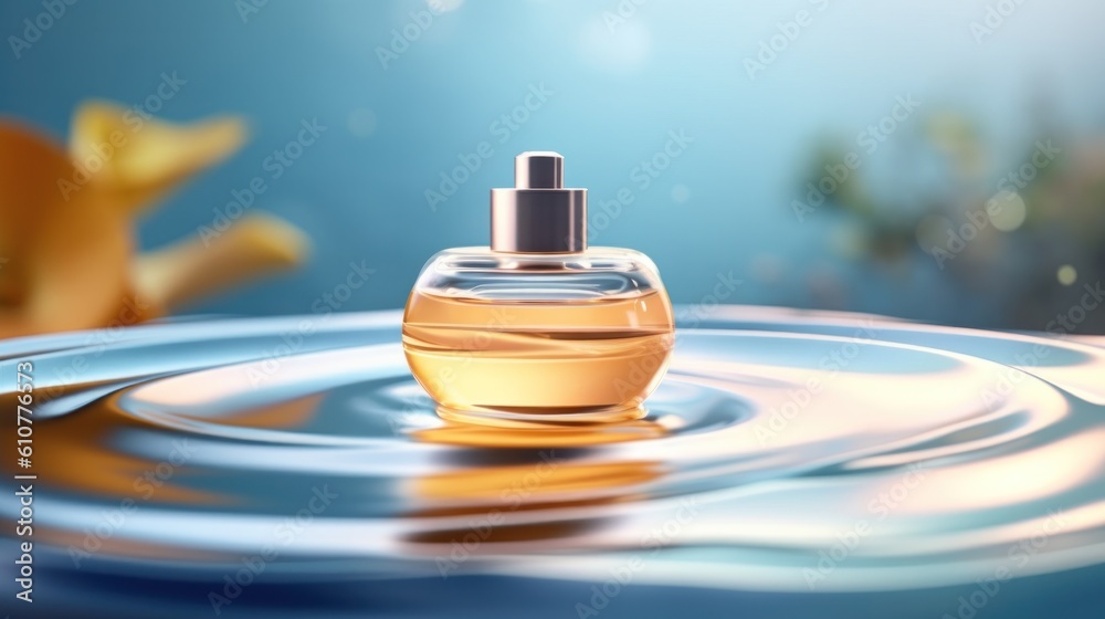 Cosmetic bottle displayed on the wavy ripple water background. Illustration AI Generative.