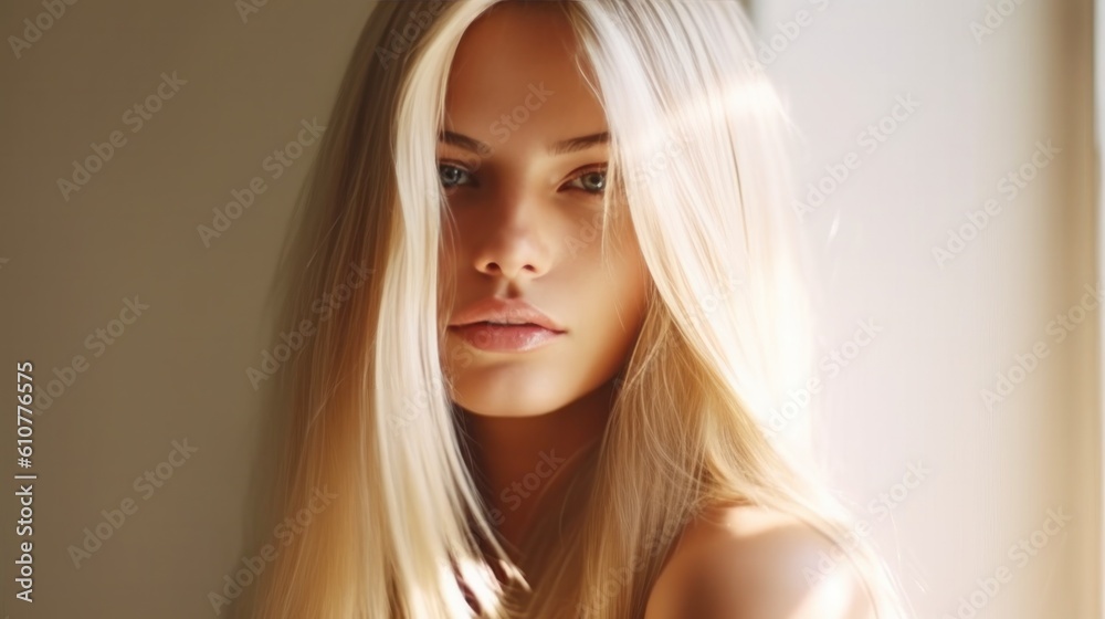 Blond hair beautiful model. Illustration AI Generative.