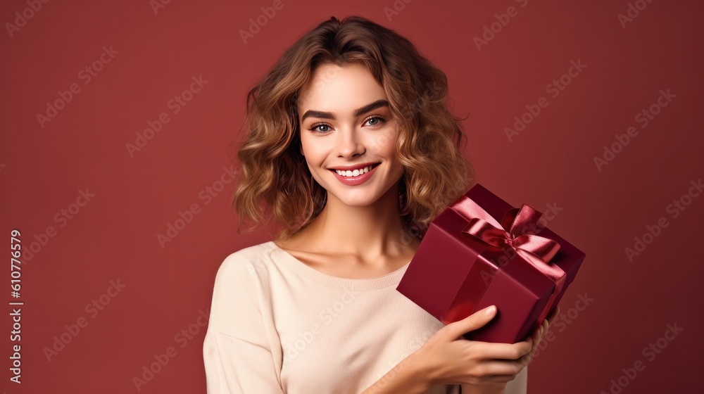 Beautiful girl with gift box. Illustration AI Generative.