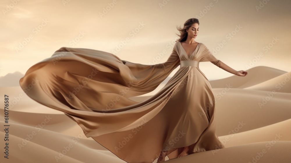 Fashion model in desert sand. Illustration AI Generative.