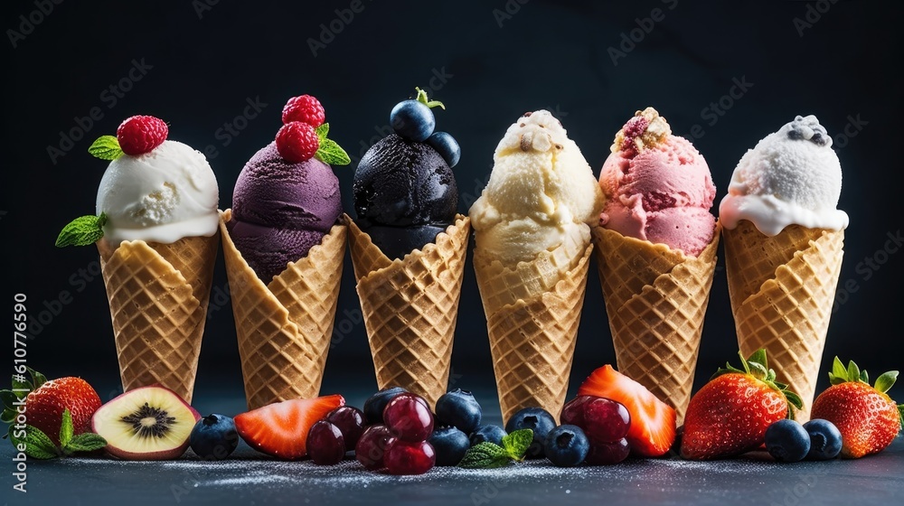 Various of ice cream. Illustration AI Generative.