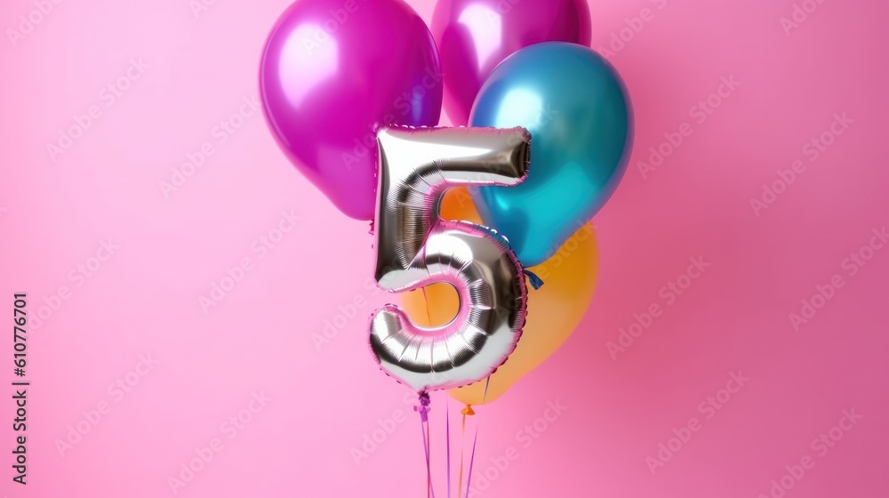 Pink background with balloon number 5. Illustration AI Generative.