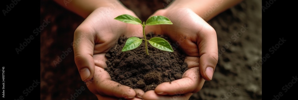 Hands holding green seedling, sprout over soil Illustration AI Generative