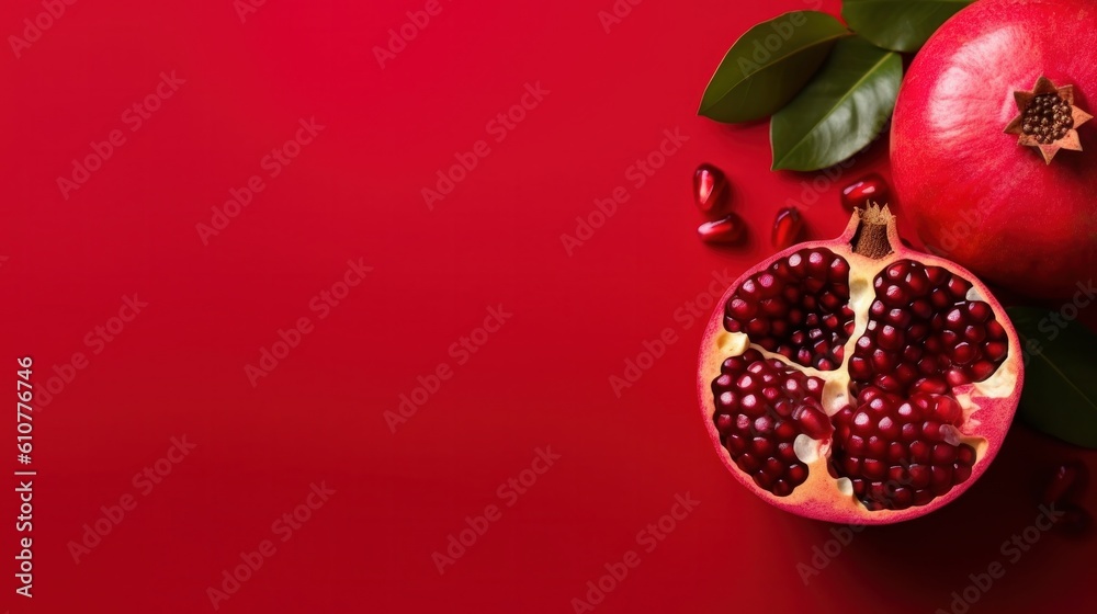 Pomegranate fruit on red background. Illustration AI Generative.