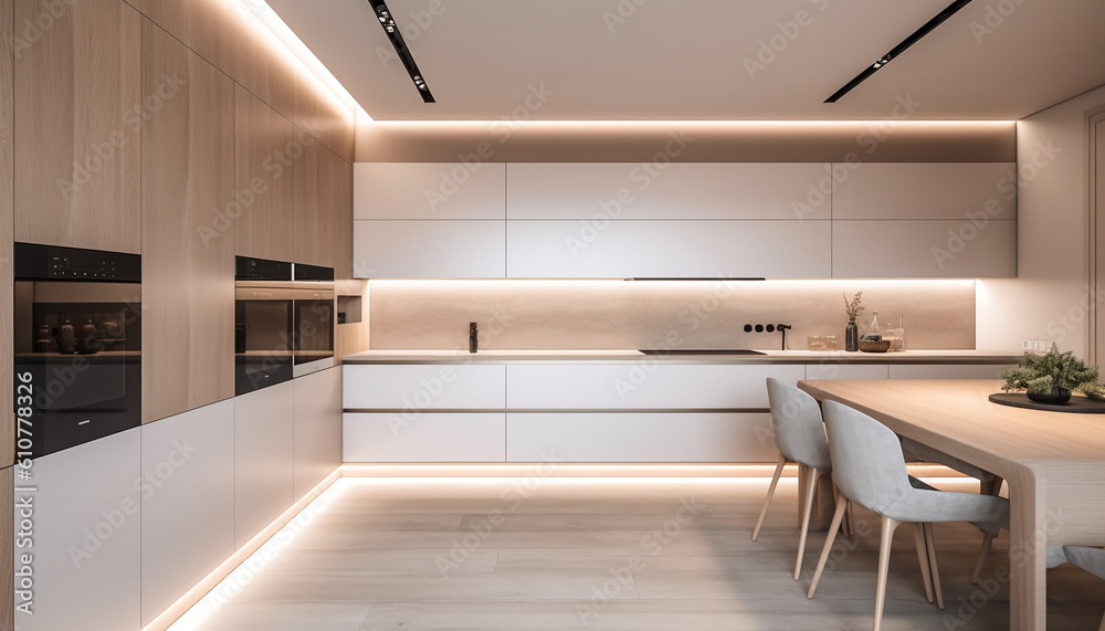 Modern kitchen design with luxury wood flooring and stainless steel appliances generated by AI